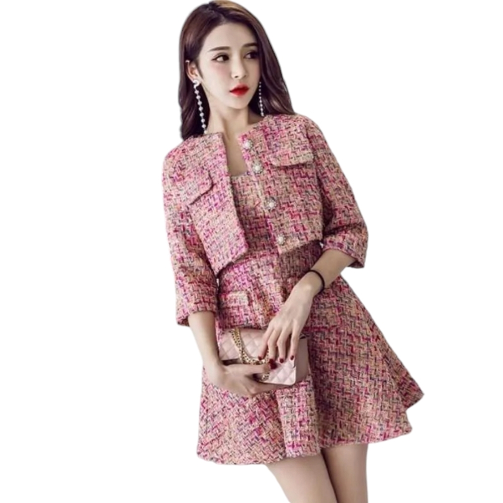 Nwt Bita Pink Multicolor Tweed  2 pc Shortsleeve Dress/Cropped Jacket Set